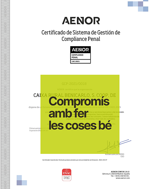 Caixa Rural Benicarló obté la certificació AENOR UNE 19601:2025 de Compliance Penal